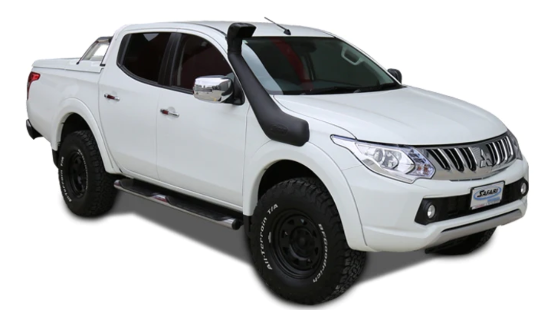 mitsubishi l200 white equipped offroad with a snorkel