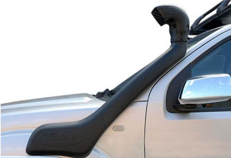 front of a gray pickup with a black snorkel safari 4X4 on a white background