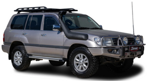 land cruiser 100 grey with roof rack, snorkel and bumper