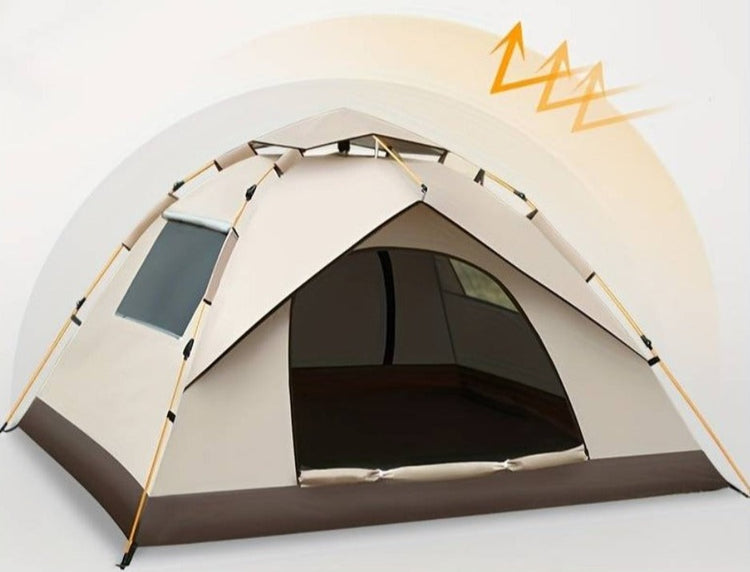 beige camping tent with sun reflection