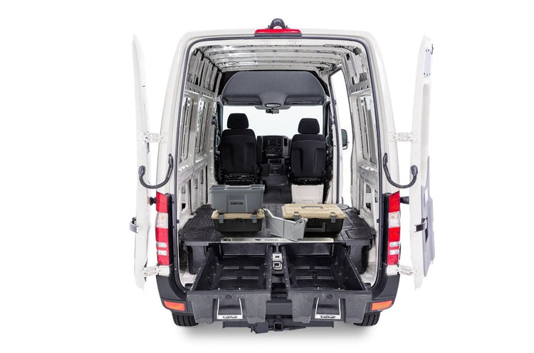 fiat ducato white rear view with two drawers open on the inside
