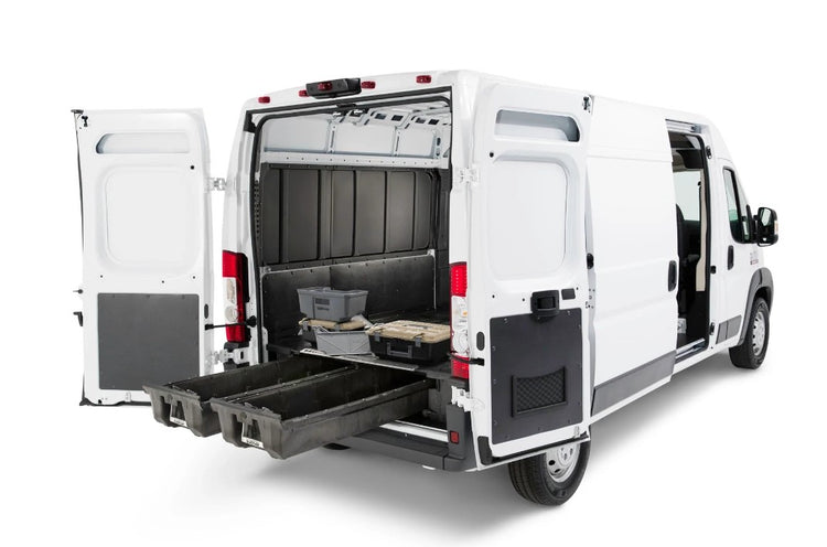 side view of a white van with two drawers open at the back