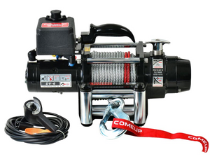 come up winch in black with steel cable and wired remote control in front