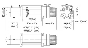 drawing of a winch on a white background, with dimensions of three faces