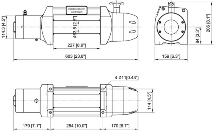 three drawings of a winch with all dimensions
