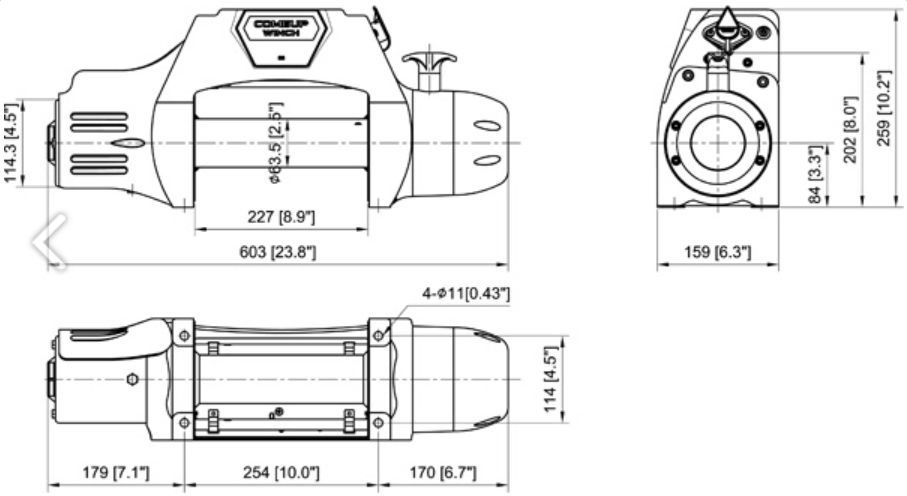 drawing of three sides of a winch on a white background with dimensions