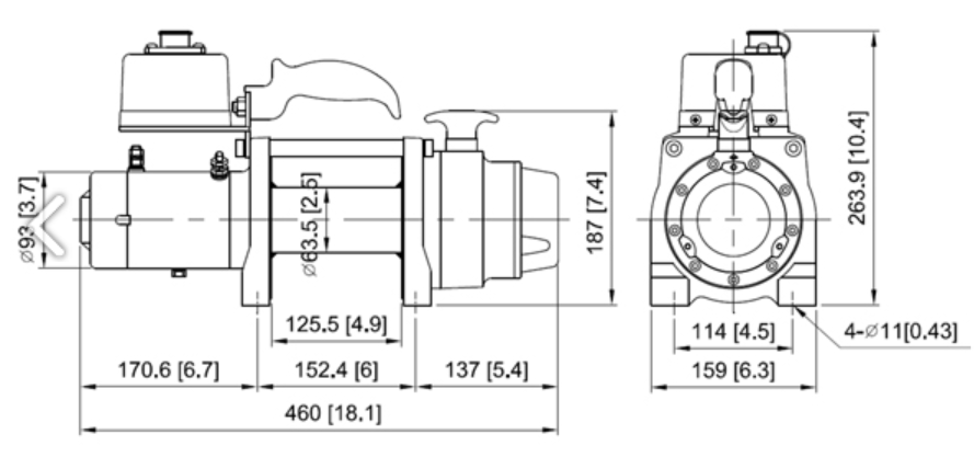 drawing of a comeup winch with dimensions divided into two parts