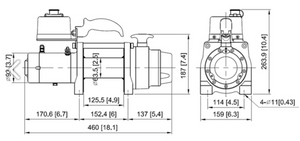 drawing of a comeup winch with dimensions divided into two parts