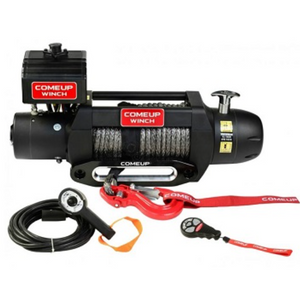 comeup winch in black and red with high-mounted relay box on white background