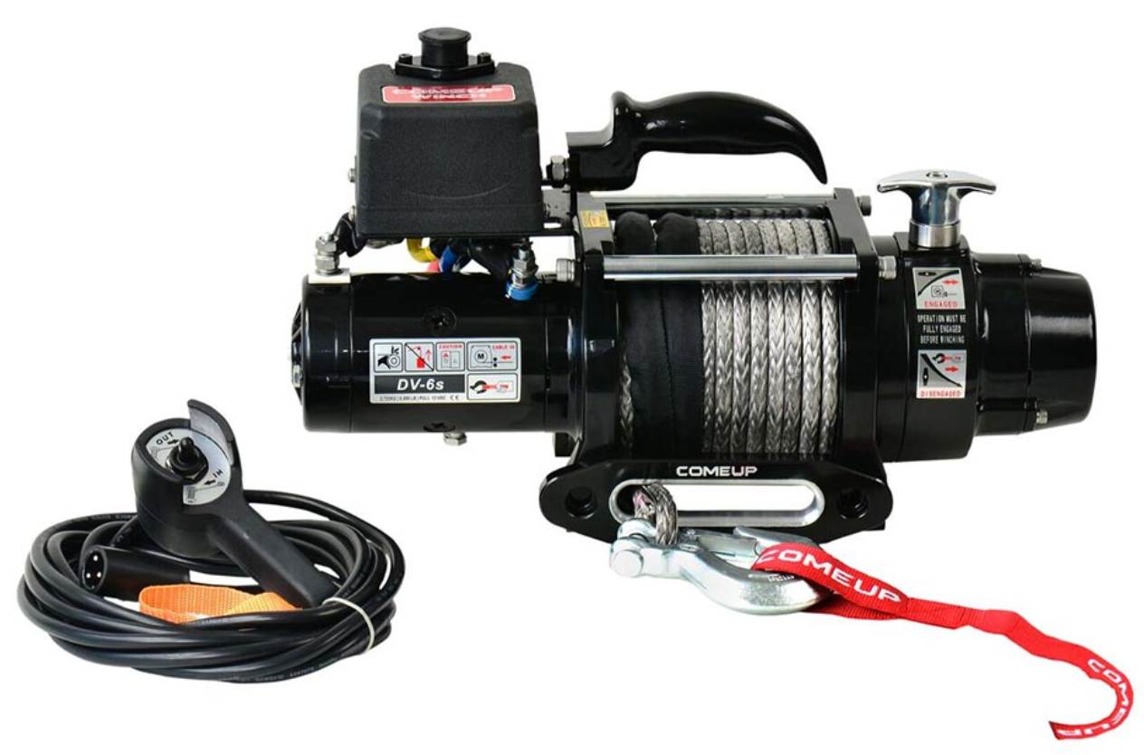 comeup black winch with synthetic cable shown on white background