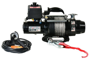 comeup black winch with synthetic cable shown on white background