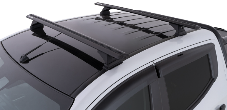 Two black oval roof bars on a black pickup roof