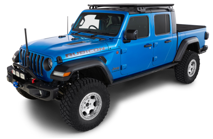 jeep wrangler at Bed Truck blue with roof rack