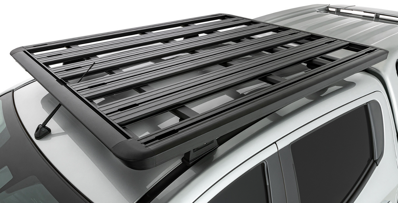roof rack on a vehicle with rails in the middle of the slats