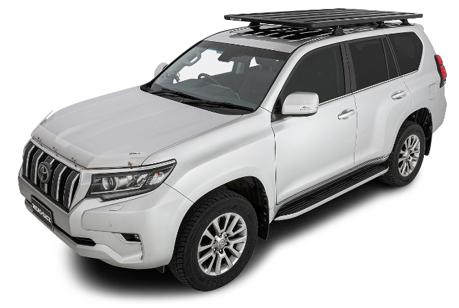 Toyota Land Cruiser 150 grey with a black roof rack on top
