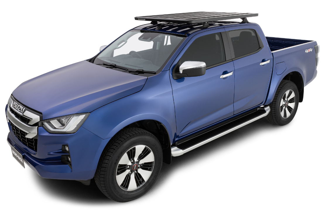 Isuzu D-Max blue with steps and roof rack