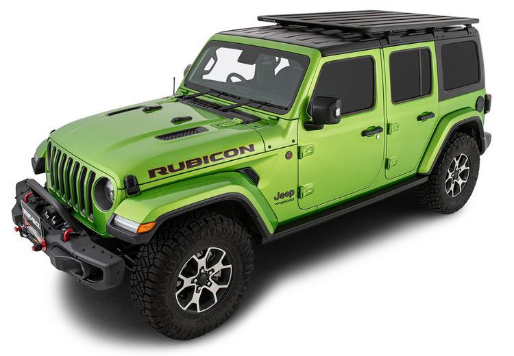 Green Jeep wrangler with a bumper and a roof rack