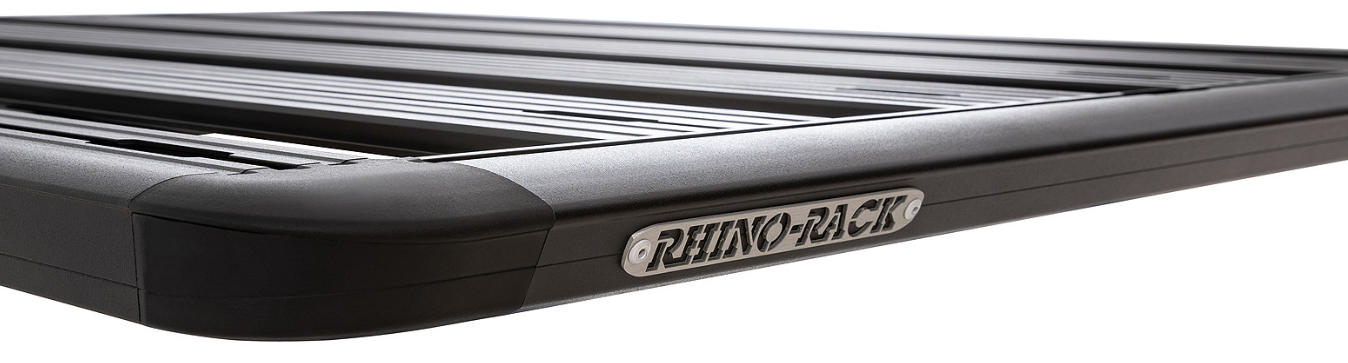 Black roof rack with aluminum label rhinorack
