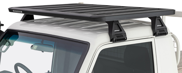 horizontal view of a roof rack on a white vehicle