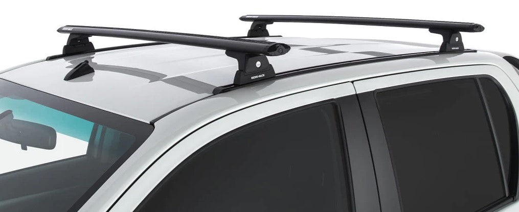 Two black roof racks on rails